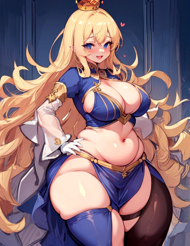 Blonde hair, blue eyes, small pelvic curtain, sexy outfit, open stomach, queen outfit, masterpiece, thick thighs, big breasts, :D, big belly, small crown, best quality, massive breasts, chubby, breast curtains