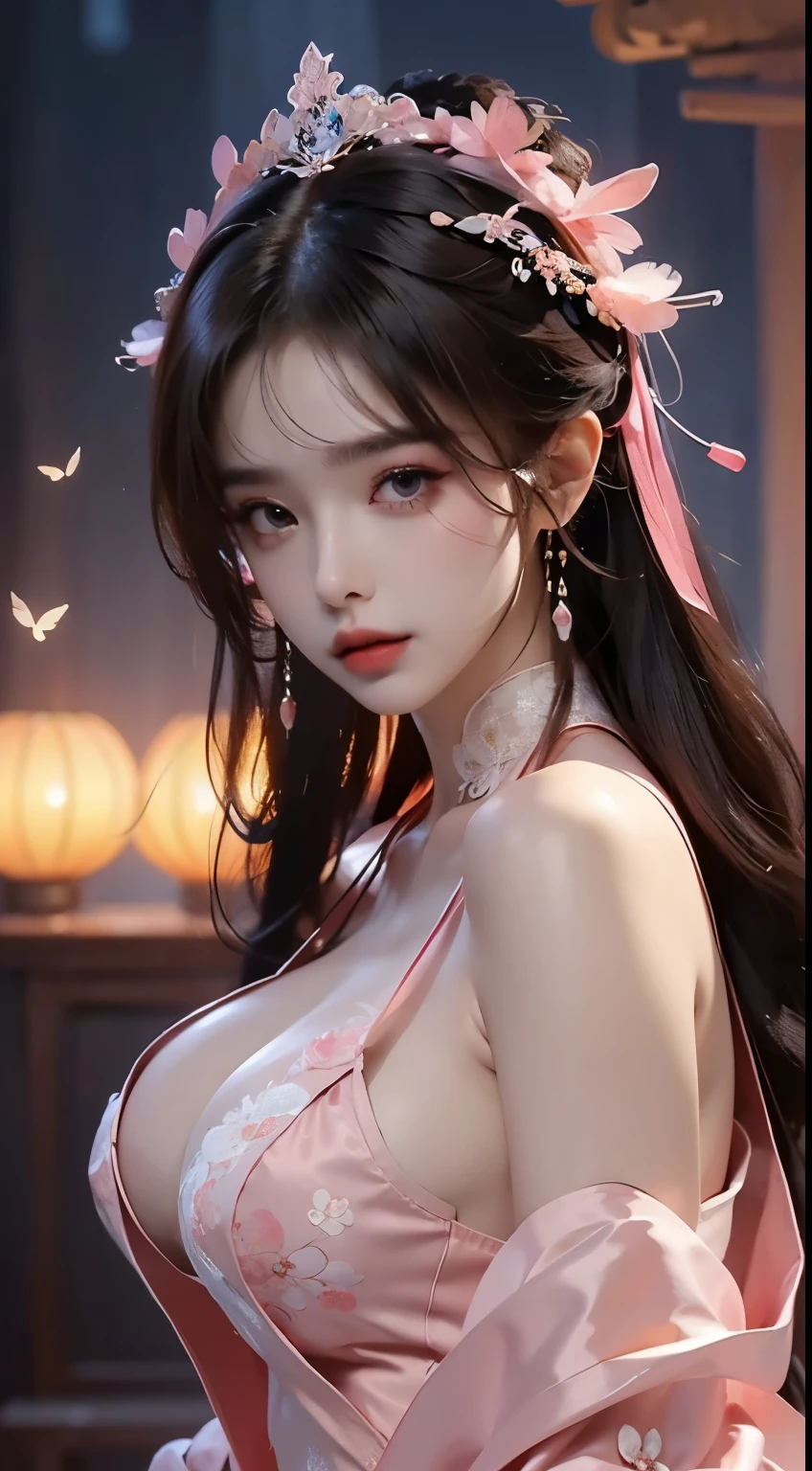 (8k, RAW photo:1.2), best quality, ultra high res,dramatic angle,(fluttered detailed color splashs), (illustration),(((1 girl))),(long hair),(rain:0.9), (Headdress:1.4),There is an ancient palace beside the girl,Hanfu,(Key Points),Color ink painting,(Splash of Color),Splash of Color,(((colorful))),(sketch:0.8) , Masterpiece, best quality, beautiful painted, highly detailed,(denoising:0.6),[splash ink],((ink refraction)), (beautiful detailed sky),moon,highly,detaild,(masterpiece, best quality, extremely detailed） CG Unity 8k Wallpaper，masterpiece，best quality，Ultra Detailed），（Lycoris）. hanfu open v open V-chested clothes Thin silk lace dress , (huge ，cleavage),, white pink, blue ，best qualtiy，tmasterpiece，Ultra-high resolution，（Reality：1.4），RAW photogr，（True skin texture：1.3），（filmgrain：1.3），（Selfie angle），1个Giant Breast Girl，Beautiful eye and face details，tmasterpiece，Best quality at best，，The chest more exposed， detailed hair, bra pink , detail 8k, full body, lace petticoat, fan handle