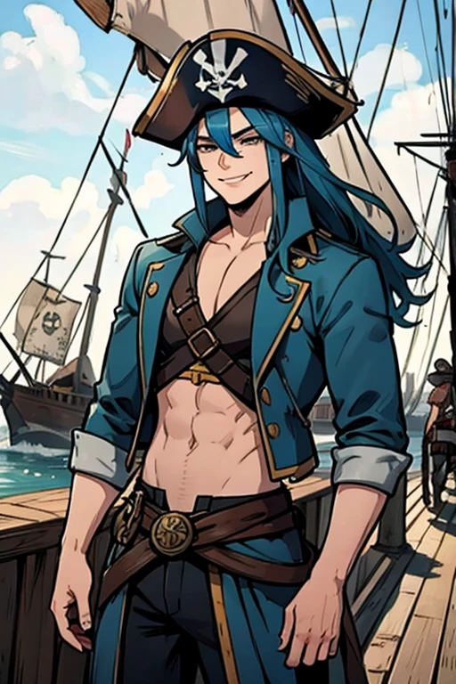 A muscular blue haired man with gray eyes and long hair in a pirate's outfit is smiling on the dock of a pirate ship