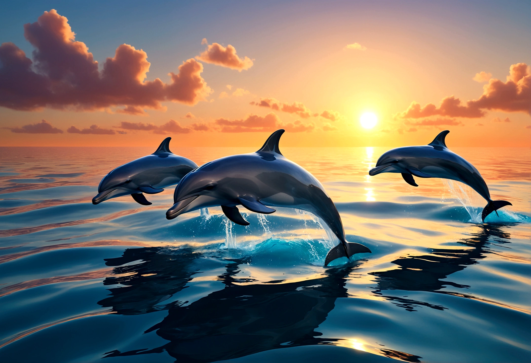 A pod of dolphins are playing near the surface of the ocean at sunrise, pixar style