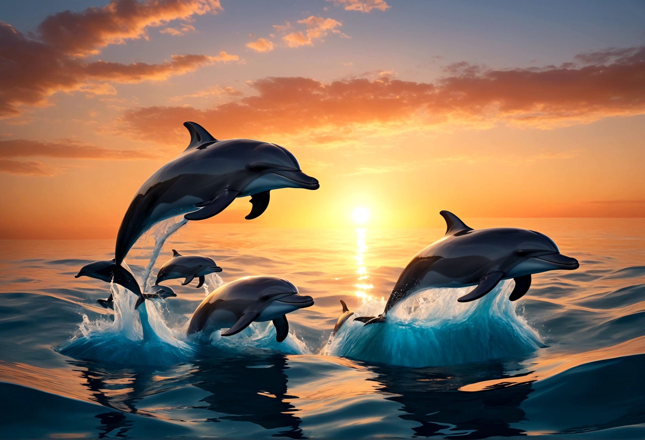 A pod of dolphins are playing near the surface of the ocean at sunrise, pixar style