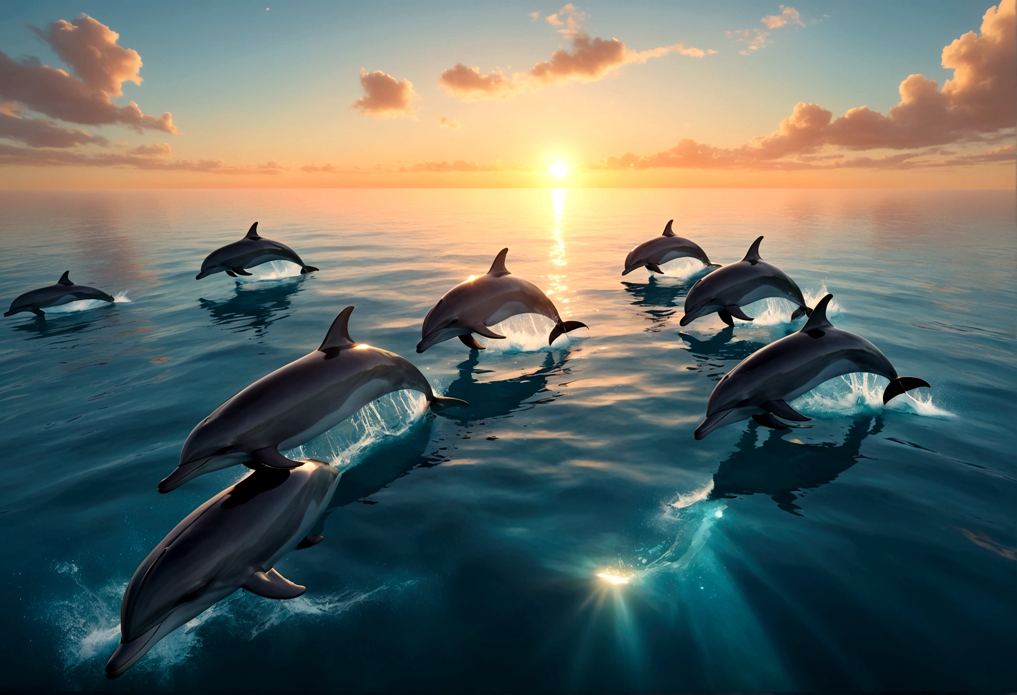 A pod of dolphins are playing near the surface of the ocean at sunrise, pixar style