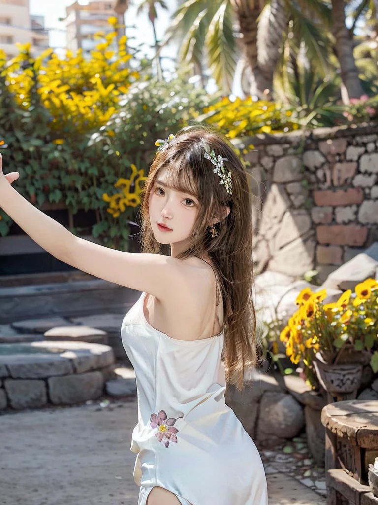 In a garden full of flowers, Under the sun, A young girl in a skimpy dress is dancing.,The sun shines from behind, showing the shadow of the body.