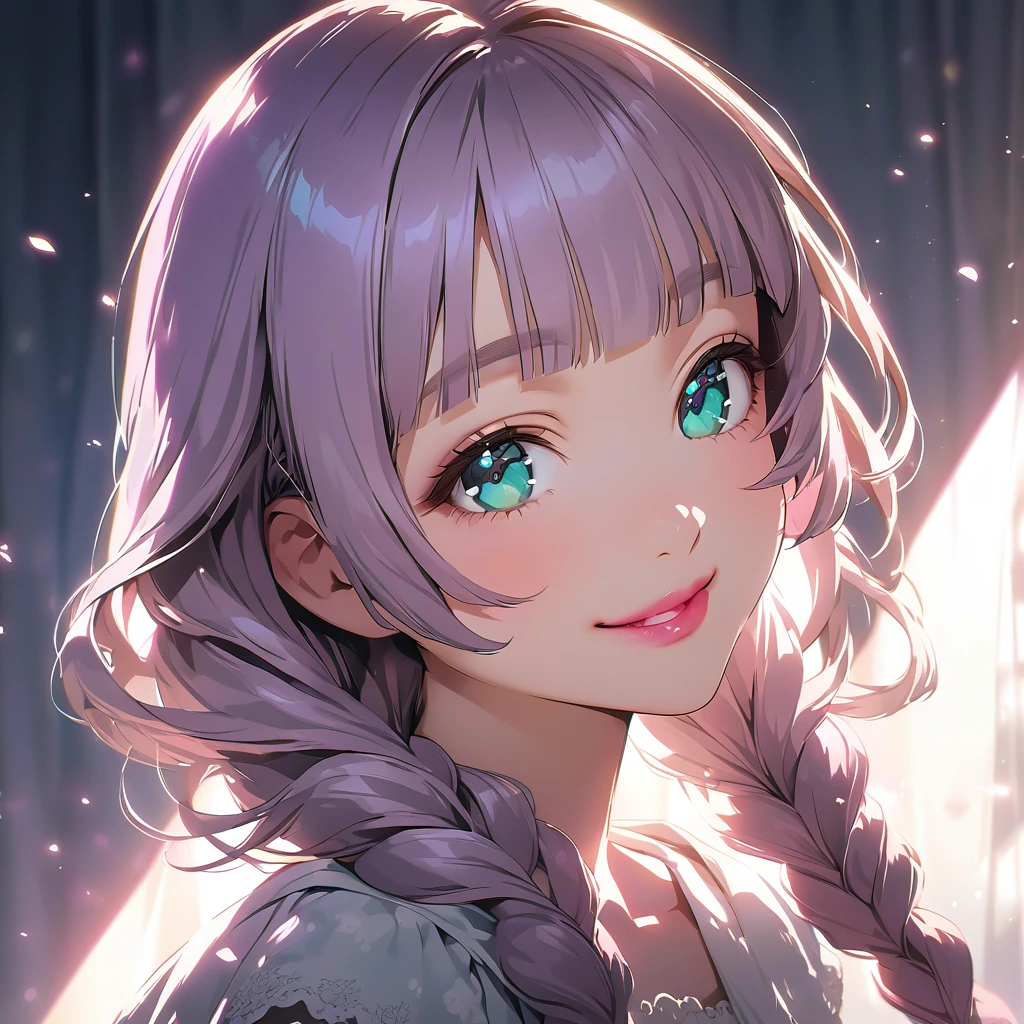 (cute a girl;1.5),Anime-style,8k,ultra detailes,masterpiece,Cinematic lighting,
anime visual,  (Lovey-dovey:1.5), (tilt head:1.3), extremely delicate face, realistic lighting and shading, 
(a gril with semi long braids wavy hair, pale purple blunt bangs hair, aqua eyes,pink lips,smiling:1.3)

 