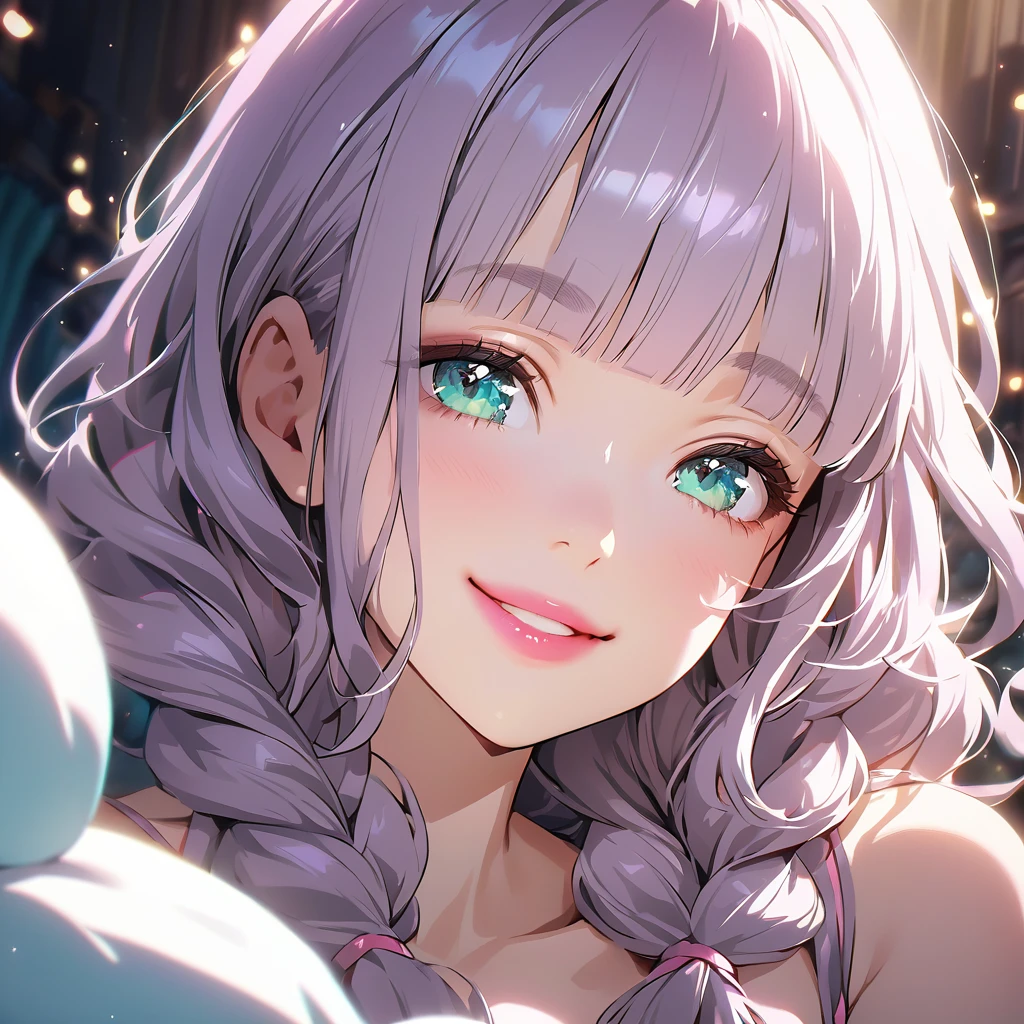 (cute a girl;1.5),Anime-style,8k,ultra detailes,masterpiece,Cinematic lighting,
anime visual,  (Lovey-dovey:1.5), (tilt head:1.3), extremely delicate face, realistic lighting and shading, 
(a gril with semi long braids wavy hair, pale purple blunt bangs hair, aqua eyes,pink lips,smiling:1.3)

 
