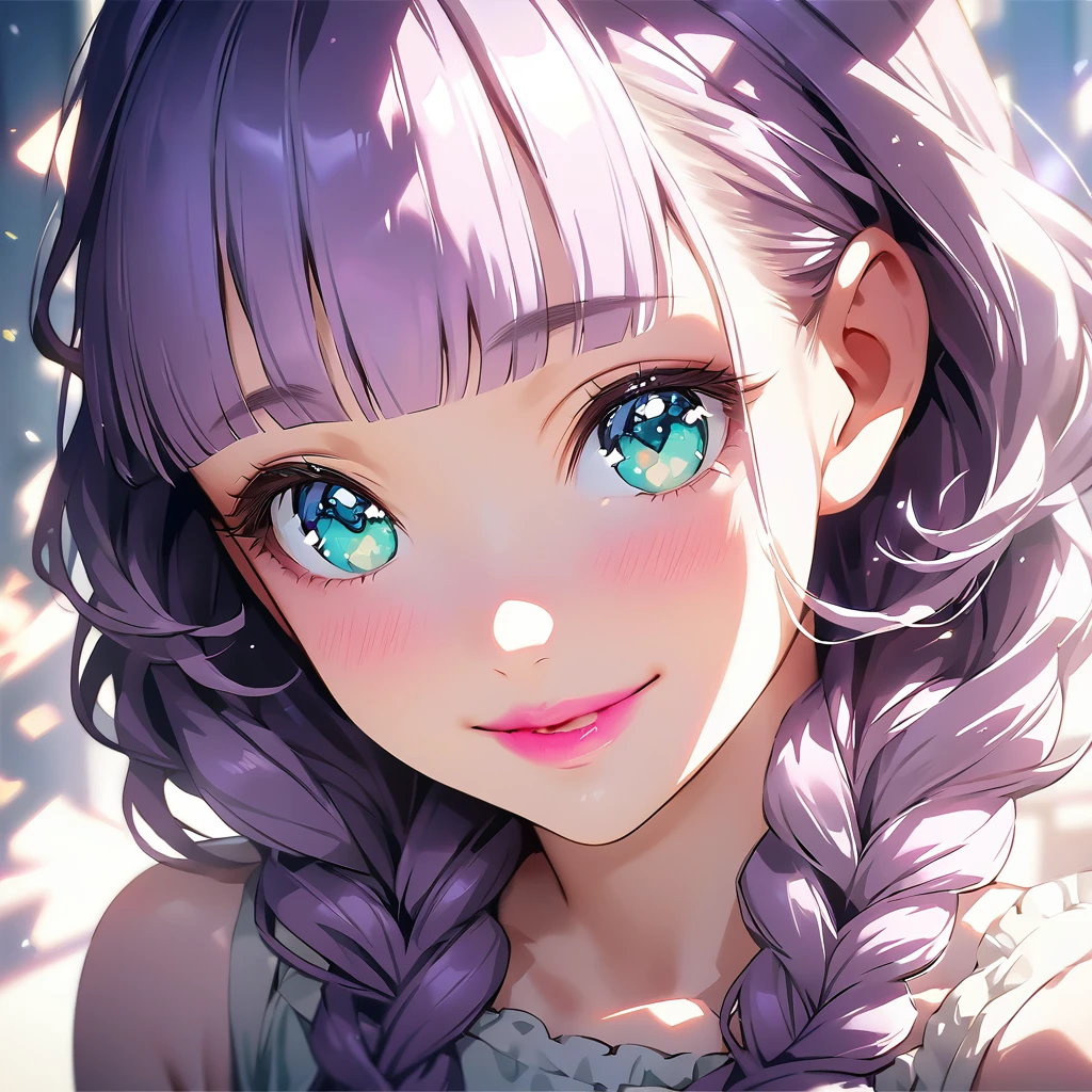 (cute a girl;1.5),Anime-style,8k,ultra detailes,masterpiece,Cinematic lighting,
anime visual, (Lovey-dovey:1.5), (tilt head:1.3), extremely delicate face, realistic lighting and shading,
(a gril with semi long braids wavy hair, pale purple blunt bangs hair, aqua eyes,pink lips,smiling:1.3)