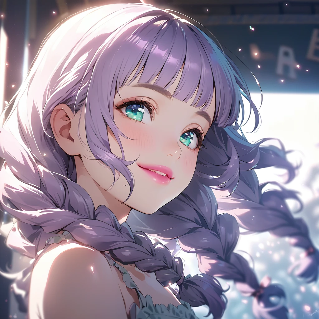 (cute a girl;1.5),Anime-style,8k,ultra detailes,masterpiece,Cinematic lighting,
anime visual,  (Lovey-dovey:1.5), (tilt head:1.3), extremely delicate face, realistic lighting and shading, 
(a gril with semi long braids wavy hair, pale purple blunt bangs hair, aqua eyes,pink lips,smiling:1.3)

 