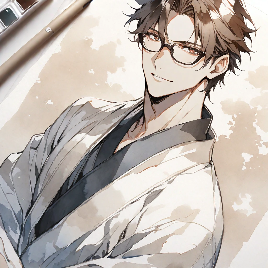 Solo,handsome, monotone,Watercolor,
1. male,
Aizen Sousuke
brown hair , glasses , White kimono