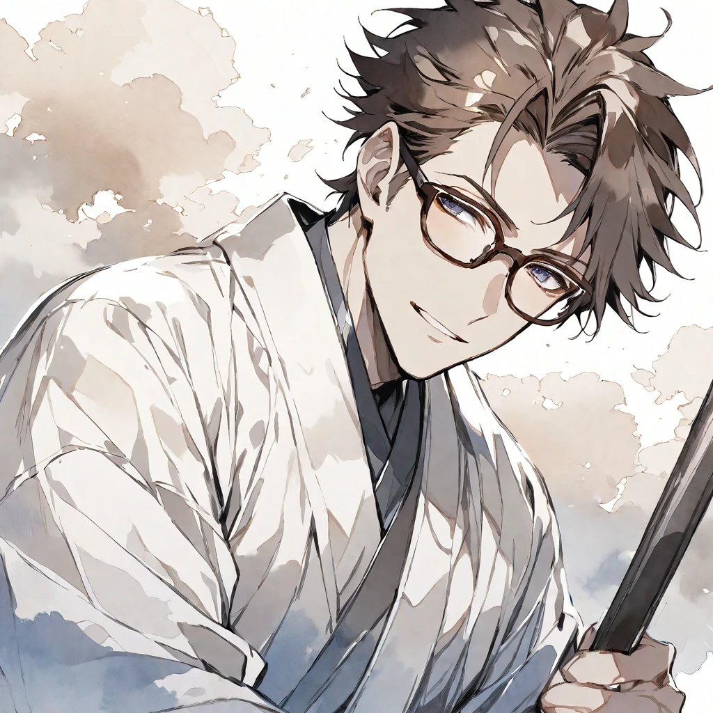 Solo,handsome, monotone,Watercolor,
1. male,
Aizen Sousuke
brown hair , glasses , White kimono