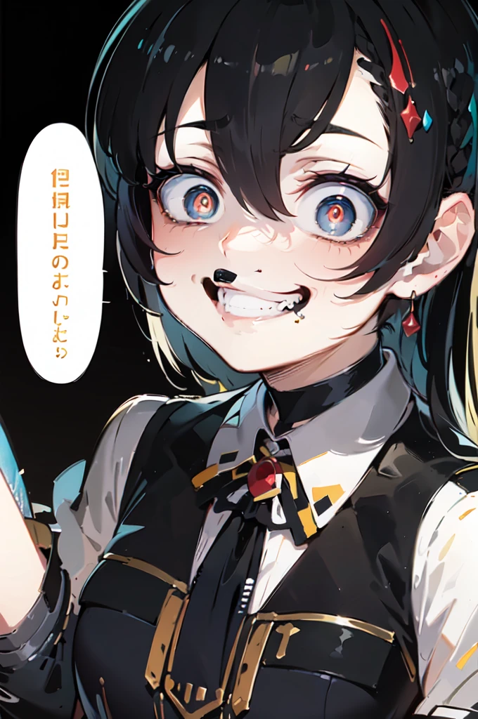 1girl, solo, (Composition: close-up, face only), (Appearance: black and gren hair, long hair, loose hair, long side up), BREAK, (Appearance: red eyes, grin, evil smile, gesugao, crazy smile, madman smile, sharp long smile like a snake), (crazy smile:1.3), (constricted pupils, looking at viewer from close), BREAK, (Clothing: white button shirt, black necktie), BREAK, ((masterpiece, best quality)), cinematic lightning,