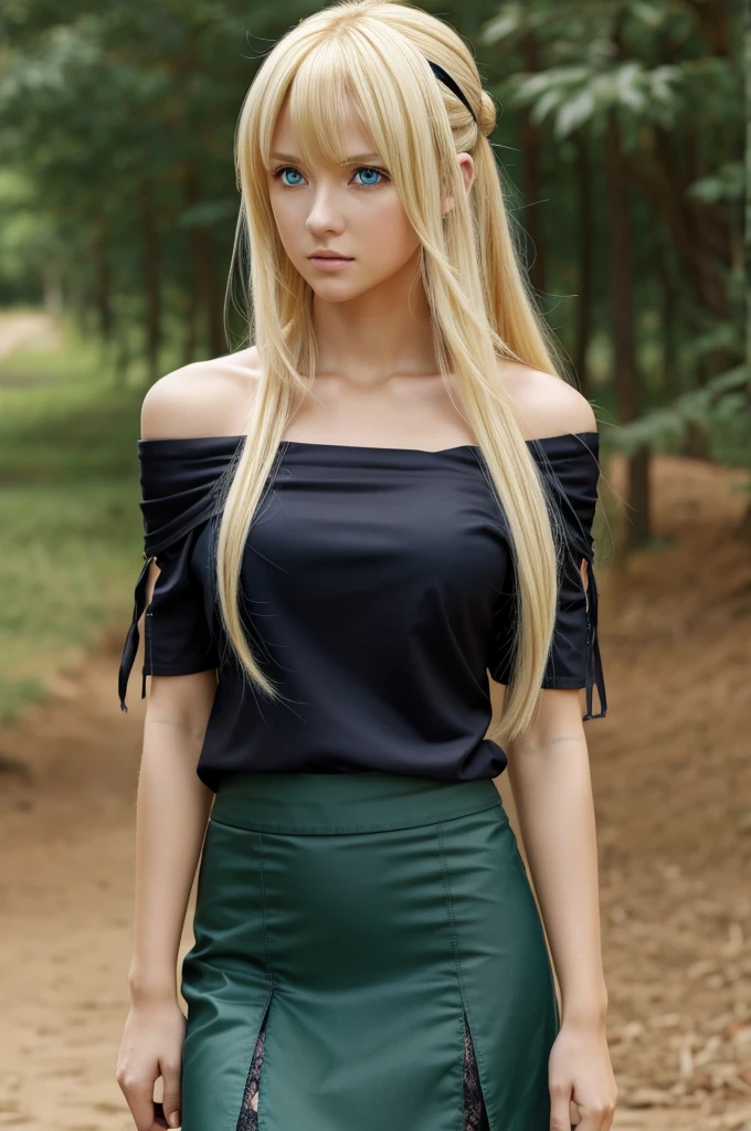 Naruto Shippuden wallpaper. Woman long blonde hair, clear skin, dark green eyes, bangs divided in two, dark blue off shoulder shirt. black skirt.