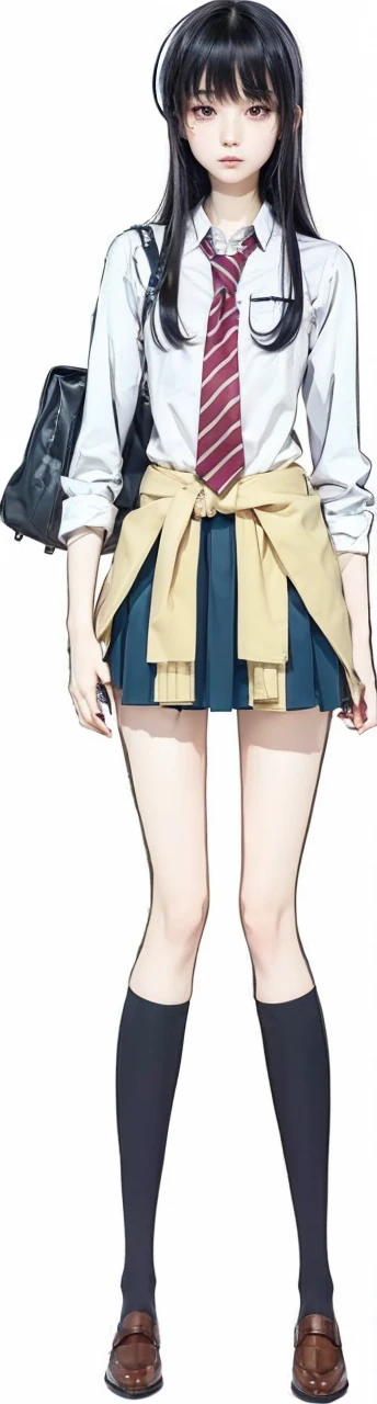 Japanese student, female, , long straight black hair, straight bangs cover the eyebrows, purple and sharp eyes, piercing expression, thin eyebrows, fine nose, with a white shirt, red tie with white stripes, blue skirt, slim, athletic