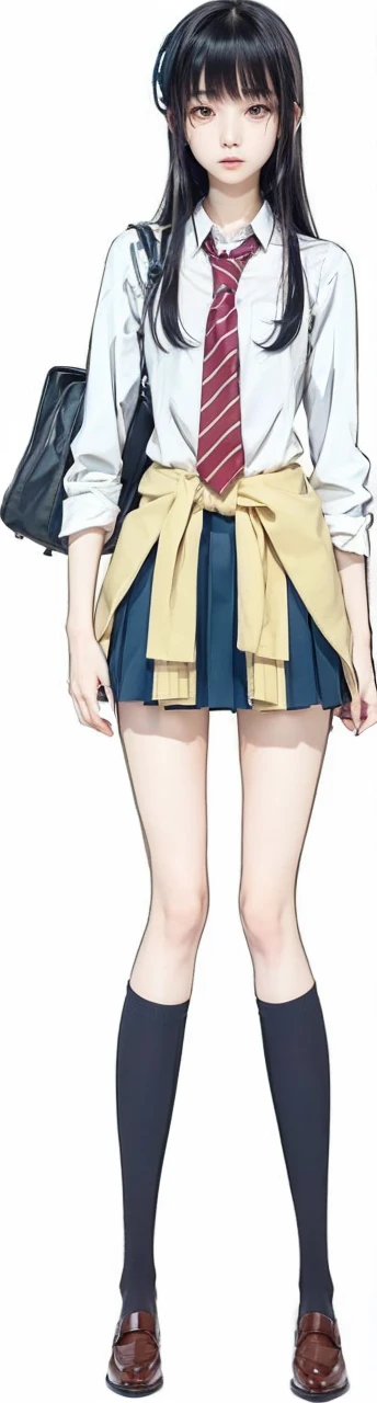 Japanese student, female, , long straight black hair, straight bangs cover the eyebrows, purple and sharp eyes, piercing expression, thin eyebrows, fine nose, with a white shirt, red tie with white stripes, blue skirt, slim, athletic