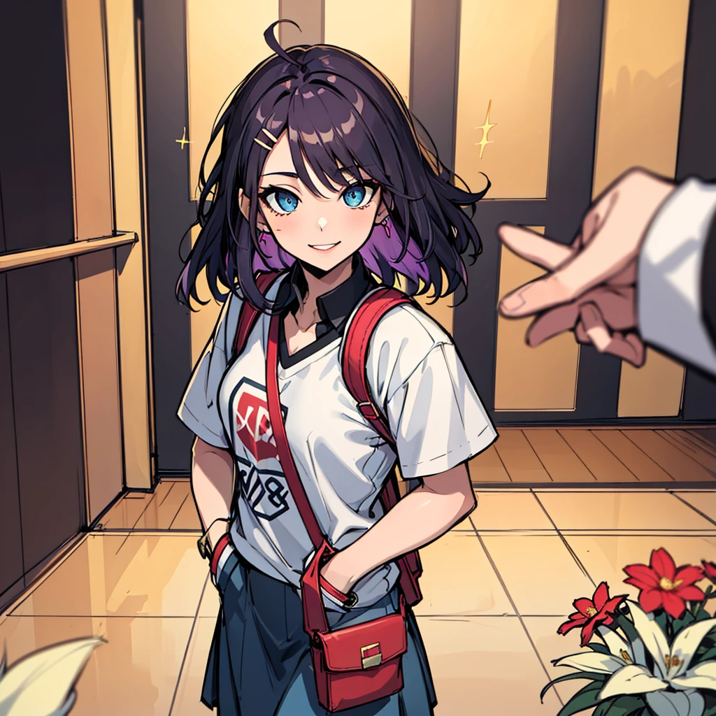 (absurdres, 8k, 4k, masterpiece, hyper extreme detailed:1.2), solo, 1girl, front view, perfect face, 1girl, portrait, looking at viewer, solo, standing, Female, Mature Female, expressive eyes, perfect face, dark purple hair, 1girl, messy hair, perfect anatomy, adult, standing, straight hair, pale, half body, Medium hair, perfect anatomy, friendly, happy, good, good natured, kind, kindhearted, understanding, honesty, integrity, empathy, empathic, smile, nice, happy, expressive, cute, caring, Compassionate, Humility, Integrity, Forgiveness, forgiving, sparkling eyes, expressive eyes, hair covering forehead, swept bangs, medium bust, t-shirt, cute outfit, blue skirt, wholesome, Patience, love, loving, Generous, savior, saint, saintly, devoted, selfless, Positive, Encouraging, polite, courage, courageous, Considerate, unselfish, Diligent, warm, welcoming, Temperate, Cooperative, faithful, Imaginative, Fairness, fair, perfect, normal, 1girl, cutesy, pins, hairpins, bedroom background, colorful, backpack, flowers, flowers in hair, slender, slim, beautiful, wonderful, warm smile, tilted head, hope, integrity, inspiring, benevolent, huggable, cute outfit, cute bag, hands in pockets,
