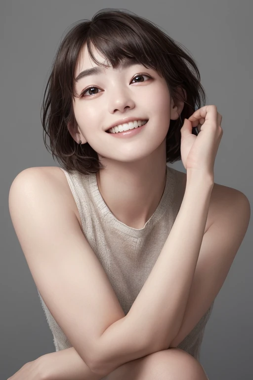 (Highest quality, masterpiece, Ultra-high resolution, photo-Realistic:1.4), (Portraiture, Face to face), 1 Girl, 20-year-old,Raise your arms and clench your fists, (K-POPアイドルコスチューム), (Very short hair),(fluffy, Spread your hair), (short bangs above the eyebrows,,,), (Looking up at the audience), Realistic, (Simple solid color background), Image Media Chest), (Smile with visible teeth)
