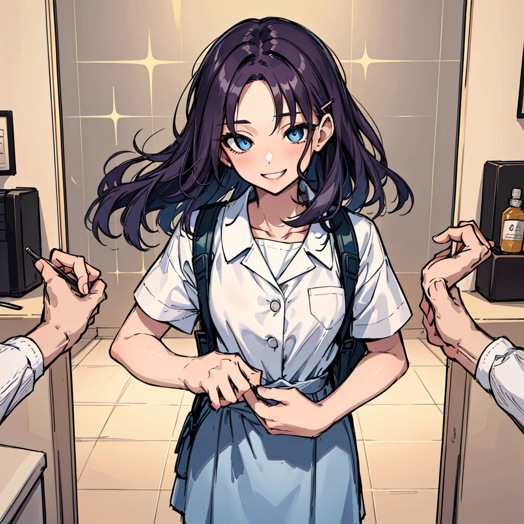 (absurdres, 8k, 4k, masterpiece, hyper extreme detailed:1.2), solo, 1girl, front view, perfect face, 1girl, portrait, looking at viewer, solo, standing, Female, Mature Female, expressive eyes, perfect face, dark purple hair, 1girl, messy hair, perfect anatomy, adult, standing, straight hair, pale, full body, medium hair, perfect anatomy, friendly, happy, good, good natured, kind, kindhearted, understanding, honesty, integrity, empathy, empathic, smile, nice, happy, expressive, cute, caring, Compassionate, Humility, Integrity, Forgiveness, forgiving, sparkling eyes, expressive eyes, hair covering forehead, swept bangs, medium bust, shirt, frilly shirt, cute outfit, blue skirt, wholesome, Patience, love, loving, Generous, savior, saint, saintly, devoted, selfless, Positive, Encouraging, polite, courage, courageous, Considerate, unselfish, Diligent, warm, welcoming, Temperate, Cooperative, faithful, Imaginative, Fairness, fair, perfect, normal, 1girl, cutesy, pins, hairpins, bedroom background, colorful, backpack, angelic, flowers, flowers in hair, slender, slim, beautiful, wonderful, college student, warm smile, clasped hands, tilted head, hope, integrity, inspiring, benevolent, huggable, cute outfit, cute bag,