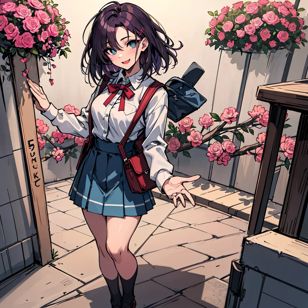 (absurdres, 8k, 4k, masterpiece, hyper extreme detailed:1.2), solo, 1girl, front view, perfect face, 1girl, portrait, looking at viewer, solo, standing, Female, Mature Female, expressive eyes, perfect face, dark purple hair, 1girl, messy hair, perfect anatomy, adult, standing, straight hair, pale, full body, medium hair, perfect anatomy, friendly, happy, good, good natured, kind, kindhearted, understanding, honesty, integrity, empathy, empathic, smile, nice, happy, expressive, cute, caring, Compassionate, Humility, Integrity, Forgiveness, forgiving, sparkling eyes, expressive eyes, hair covering forehead, swept bangs, medium bust, shirt, frilly shirt, cute outfit, blue skirt, wholesome, Patience, love, loving, Generous, savior, saint, saintly, devoted, selfless, Positive, Encouraging, polite, courage, courageous, Considerate, unselfish, Diligent, warm, welcoming, Temperate, Cooperative, faithful, Imaginative, Fairness, fair, perfect, normal, 1girl, cutesy, pins, hairpins, bedroom background, colorful, backpack, angelic, flowers, flowers in hair, slender, slim, beautiful, wonderful, college student, warm smile, clasped hands, tilted head, hope, integrity, inspiring, benevolent, huggable, cute outfit, cute bag,