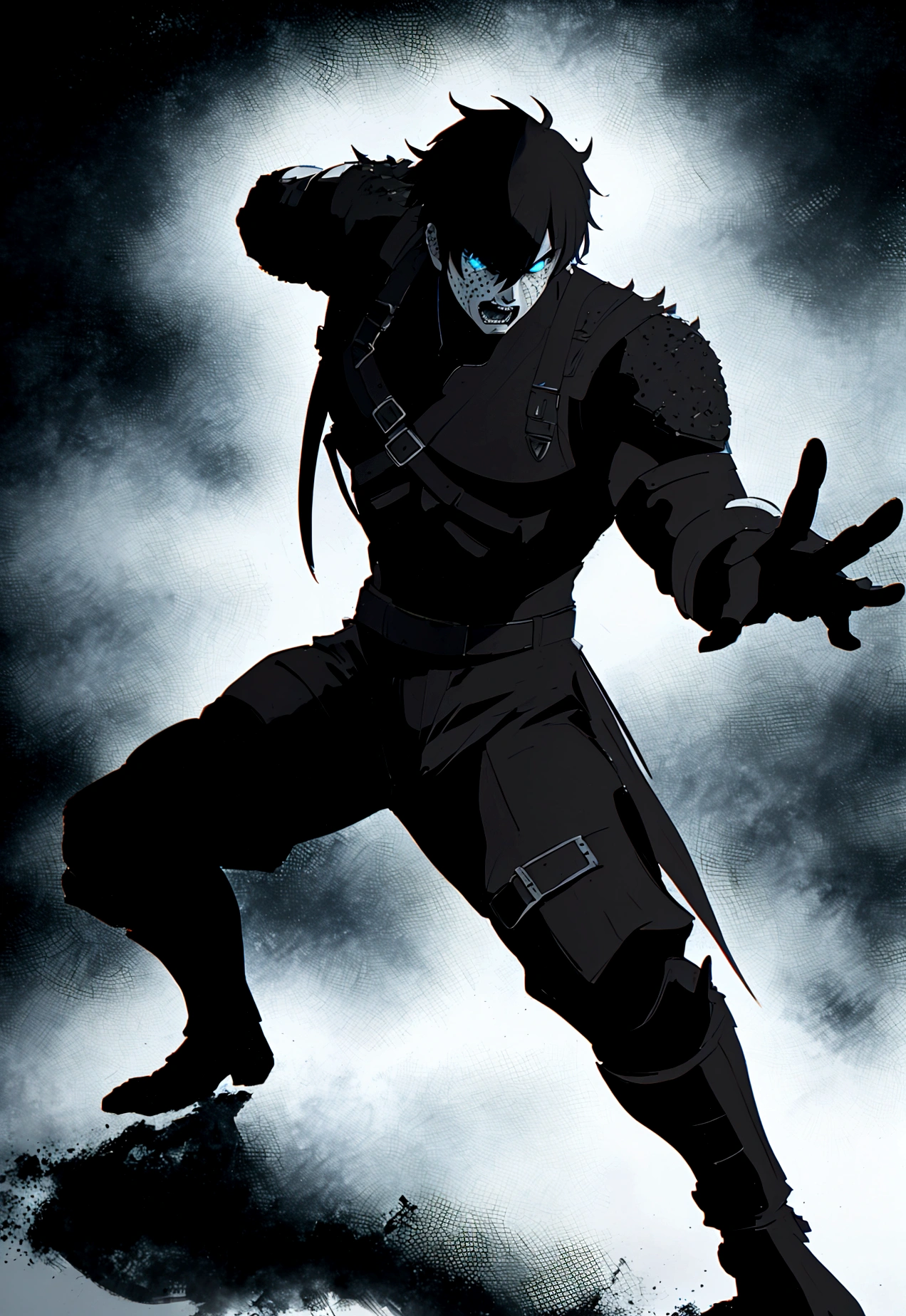 male hero in a combat pose, dynamic action shot, high contrast lighting, detailed facial features, piercing eyes, tattered costume, dramatic shadows, dynamic motion blur, hyper detailed digital art, cinematic lighting, heroic and intense expression