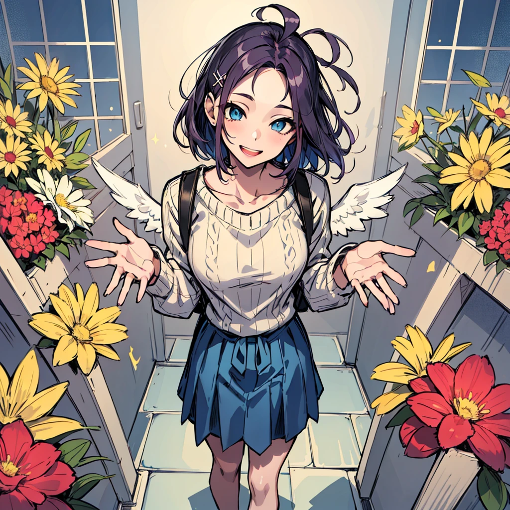 (absurdres, 8k, 4k, masterpiece, hyper extreme detailed:1.2), solo, 1girl, front view, perfect face, 1girl, portrait, looking at viewer, solo, standing, Female, Mature Female, expressive eyes, perfect face, dark purple hair, 1girl, messy hair, perfect anatomy, adult, standing, straight hair, pale, full body, medium hair, perfect anatomy, friendly, happy, good, good natured, kind, kindhearted, understanding, honesty, integrity, empathy, empathic, smile, nice, happy, expressive, cute, caring, Compassionate, Humility, Integrity, Forgiveness, forgiving, sparkling eyes, expressive eyes, hair covering forehead, swept bangs, medium bust, tan sweater, blue skirt, wholesome, Patience, love, loving, Generous, savior, saint, saintly, devoted, selfless, Positive, Encouraging, polite, courage, courageous, Considerate, unselfish, Diligent, warm, welcoming, Temperate, Cooperative, faithful, Imaginative, Fairness, fair, perfect, normal, 1girl, cutesy, pins, hairpins, bedroom background, colorful, backpack, angelic, flowers, flowers in hair, slender, slim, beautiful, wonderful, college student, warm smile, clasped hands, tilted head, hope, integrity, inspiring, benevolent, huggable, normal, human, perfect,