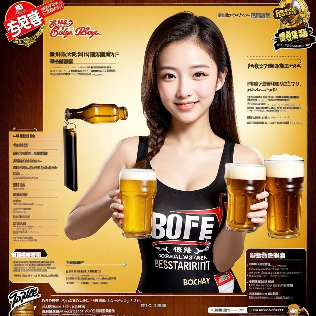 ((best quality)), ((masterpiece)), (detailed), 1girl, beer promotion flyer, holding 2glasses of beer