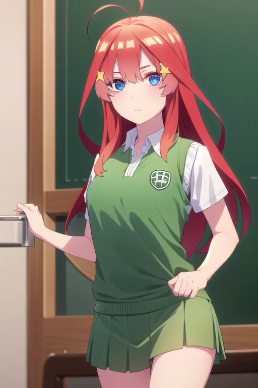 itsukinakano, fringe, blue eyes, hair between eyes, Ahoge, Red hair, Star \(Symbol\), adorno para el cabello de Star,
BREAK skirt, shirt, , clavicle, shirt blanca, short sleeve, pleated skirt, Socks, shirt con cuello, mini skirt, knee high stockings, Socks blancos, (green skirt:1.5), sweater vest, (sweater vest rojo:1.5),
REST inside, in the classroom,
REST looking at the viewer, (cowboy shot: 1,5),
BREAK (Masterpiece:1.2), Best Quality, high resolution, unity 8k wallpaper, (illustration:0.8), (Beautiful detailed eyes:1.6), extremely detailed face, perfect lighting, extremely detailed CG, (perfect hands, perfect anatomy),