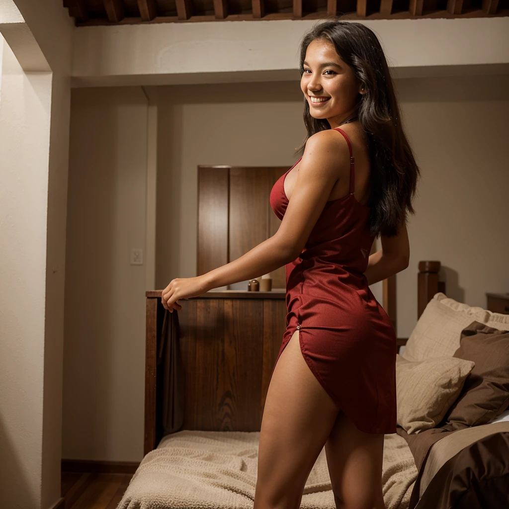 18 year old indigenous girl, smiling, wearing a sensual, sexy dress with side flaps