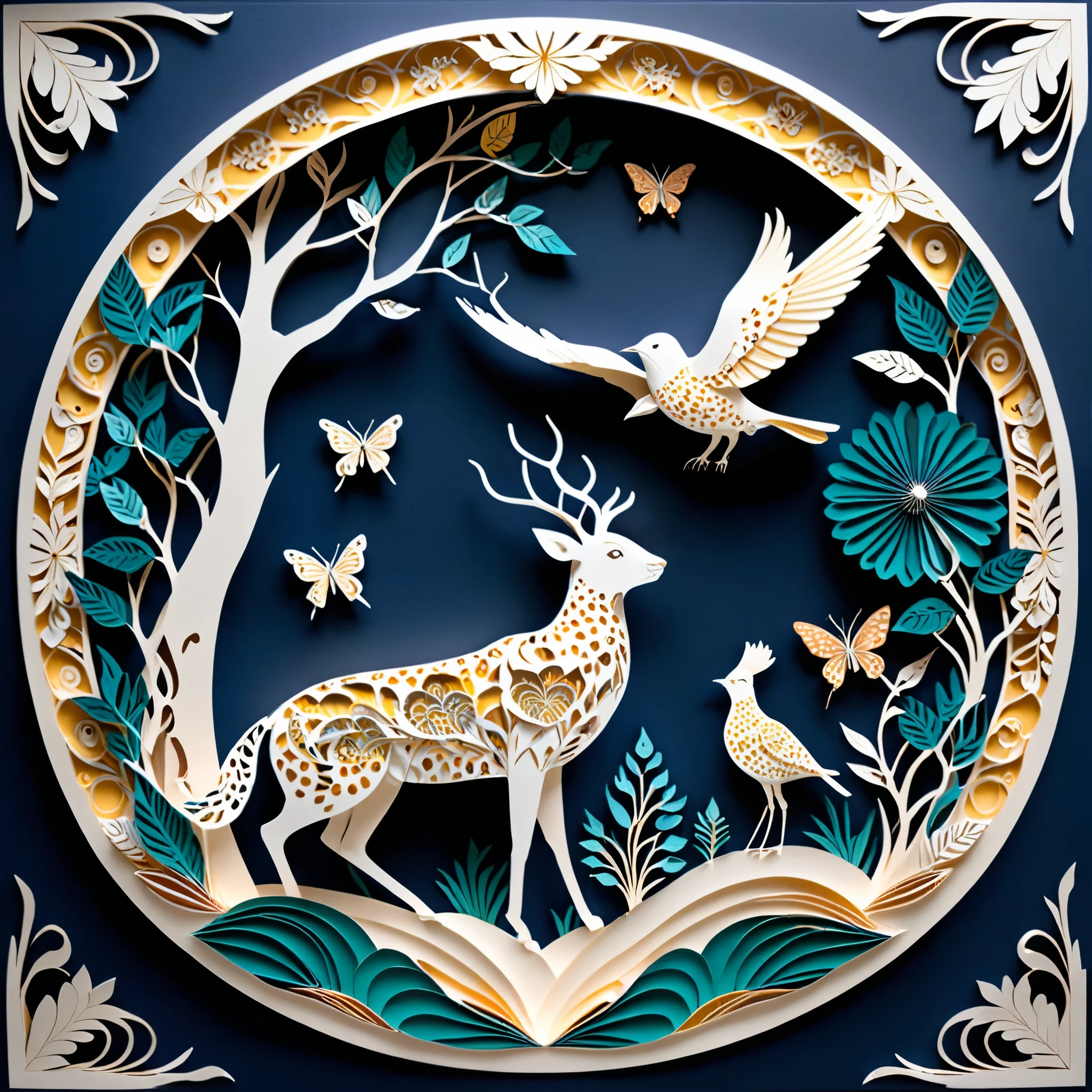 Create a detailed paper cutout artwork depicting a scene that combines intricate patterns with various creatures. The scene should include a harmonious blend of elaborate, decorative patterns interwoven with animals such as birds, fish, butterflies, and other creatures. The patterns should complement the forms and movements of the animals, creating a seamless integration between the natural and the abstract. The artwork should evoke a sense of wonder and intricacy, highlighting the beauty and complexity of both the patterns and the creatures. The overall mood should be artistic and enchanting, capturing the elegance of nature through detailed design