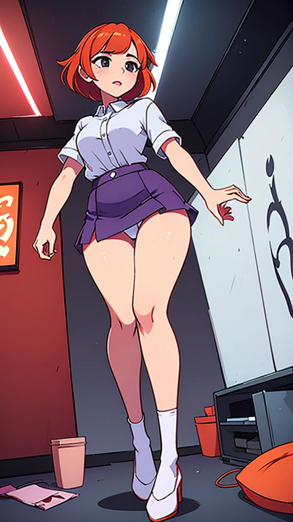 a age girl sexy attractive beautiful cool popular short orange hair disheveled cut light red lip wears long light blue button shirt sensual curves and a short purple miniskirt pair short blue socks legs white heel she walking living room class