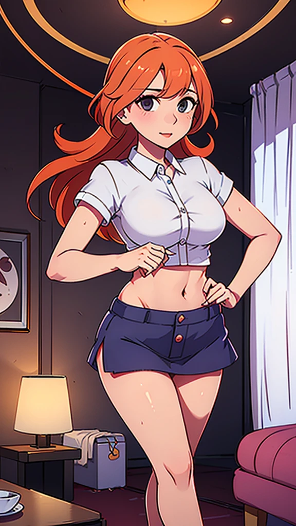 a teenage girl sexy attractive beautiful cool popular short orange hair disheveled cut light red lip wears long light blue button shirt sensual curves and a short purple miniskirt pair short blue socks legs white heel she walking living room class