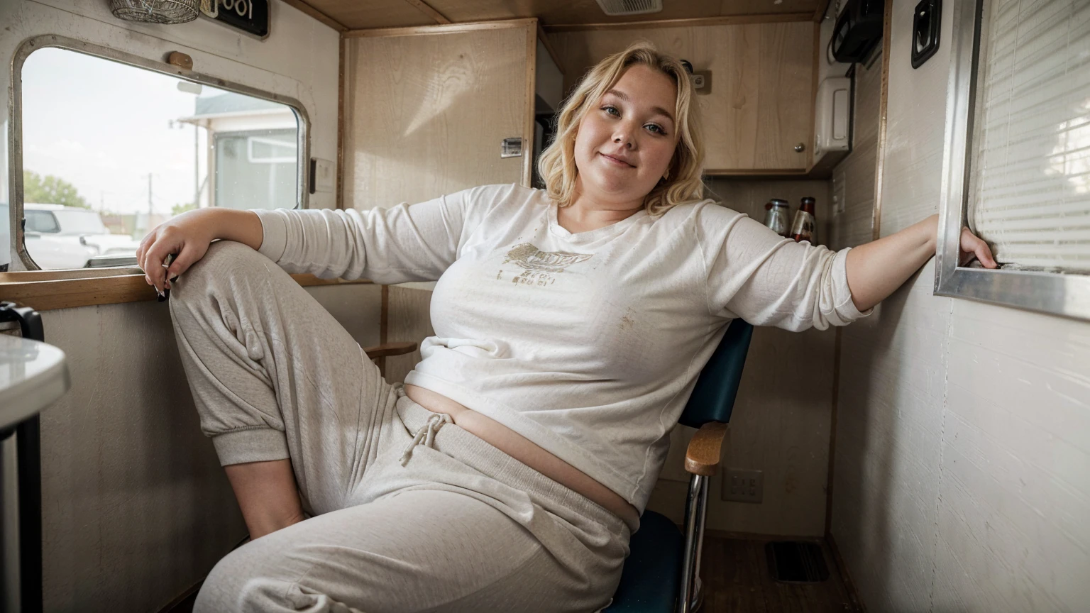 A chubby 25-year-old blonde woman is sitting on a run-down chair in a trailer home. Her limbs are stretched out all over the place, and there is a beer can in one hand. She looks tired yet happy. She is wearing a baggy stained white shirt and baggy black sweatpants. She exudes Southern charm. 