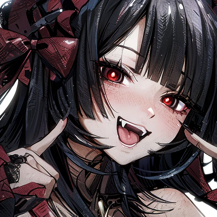 Masterpiece, best quality, 4K,8K,style,masterpiece, 1girl, close up on facez ((ultra-detailed)), contrast, (anime style), (warm hue, warm tone): 1.2), cinematic light, side lighting, ultra high resolution, (best shade), RAW, verse, anime girl with black hair and red eyes with a bow, portrait gapmoe yandere grimdark, gapmoe yandere grimdark, gothic maiden anime girl, ahegao, devious evil expression, yandere intricate, ahegao face, demon anime girl, [[[[grinning evily]]]]
