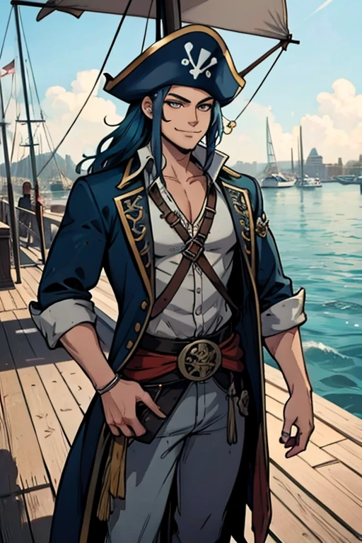A muscular blue haired man with gray eyes and long hair in a pirate's outfit is smiling on the dock of a pirate city