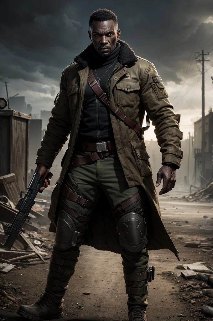 dark man, former military, determined and with post-apocalyptic clothes