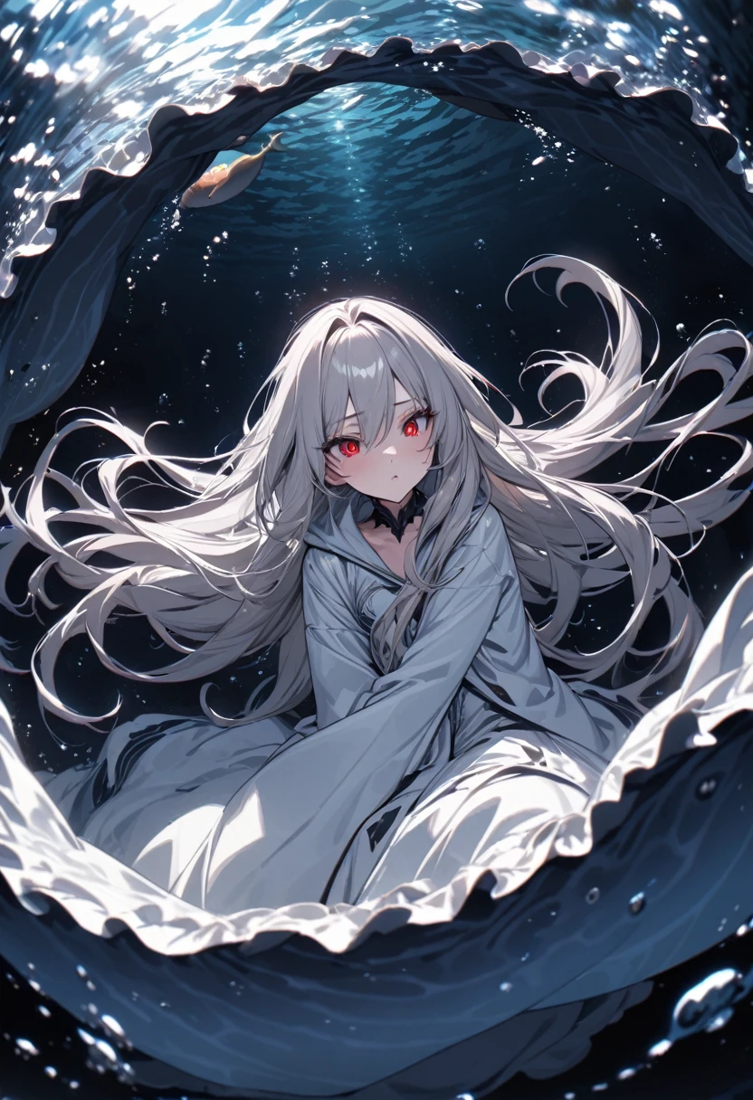panoramic, (Deep abyss diving style), (biggest Deep Sea Creatures) and (one girl), (10 yo silver hair long hair alluring girl, detailed red eyes), in a white robe, (Drifting in the deep sea), break, (in the deep abyss, background a Lightless Abyss), BREAK, perfect anatomy, masterpiece, best quality, 16k, beautiful detailed deep abyss, daydreaming expression