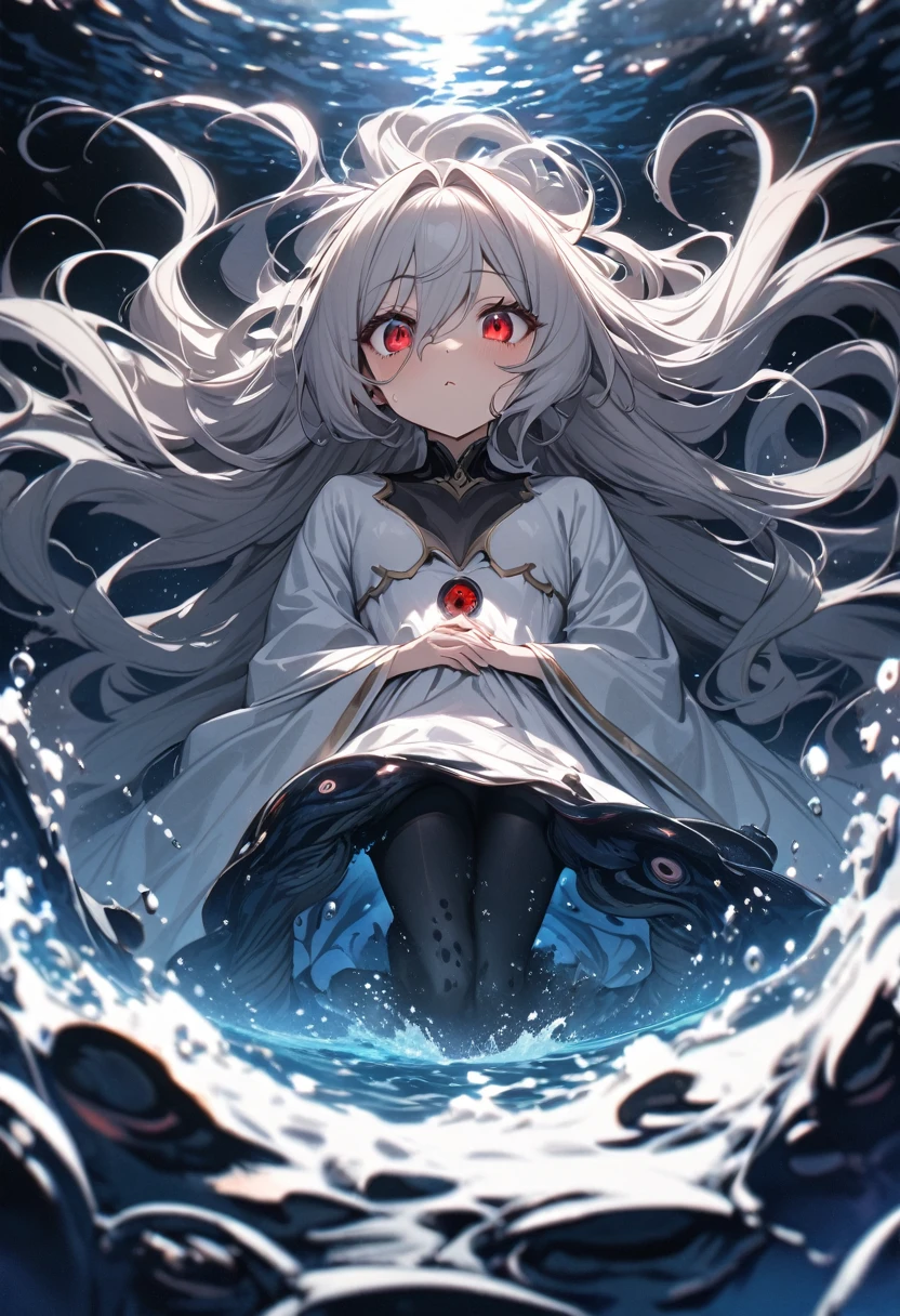 panoramic, (Deep abyss diving style), (biggest Deep Sea Creatures) and (one girl), (10 yo silver hair long hair alluring girl, detailed red eyes), in a white robe, (Drifting in the deep sea), break, (in the deep abyss, background a Lightless Abyss), BREAK, perfect anatomy, masterpiece, best quality, 16k, beautiful detailed deep abyss, daydreaming expression