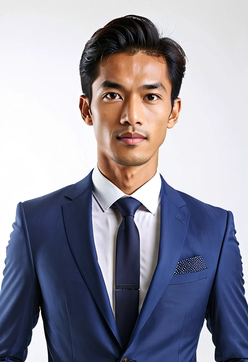 typical malay man, skinny oval face shape, 25 years young, wearing blue suite, professional pose, facing camera, closeup upper body, middle shot, realistic, highres, detailed, best quality, masterpiece, hands on sides, white plain beckground