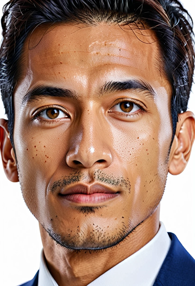 typical malay man, skinny oval face shape, 25 years young, wearing blue suite, professional pose, facing camera, closeup upper body, middle shot, realistic, highres, detailed, best quality, masterpiece, hands on sides, white plain beckground