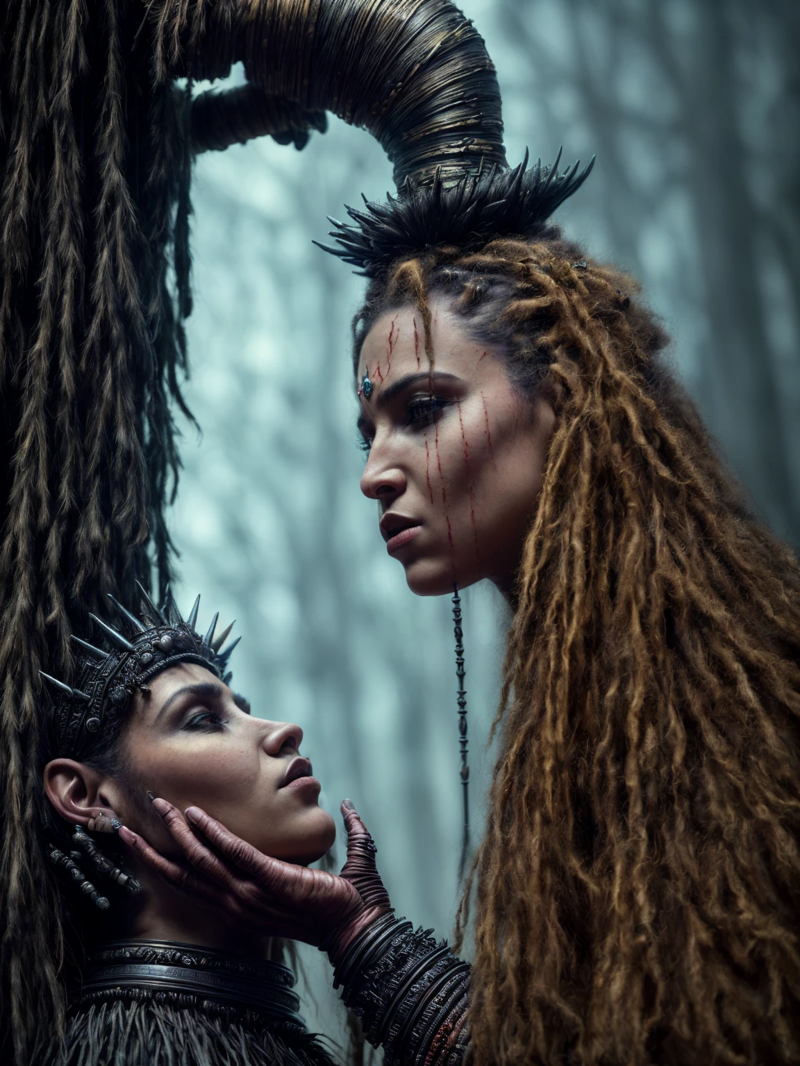 (Award-winning masterpiece:1.5), (incredible detail), (hyper realistic:1.4), (whole body:1.7), (witch chief addressing her coven), (brutal creature's head on a spike), (detailed depiction of resilience and determination), (dramatic lighting), (intricate details:1.1)