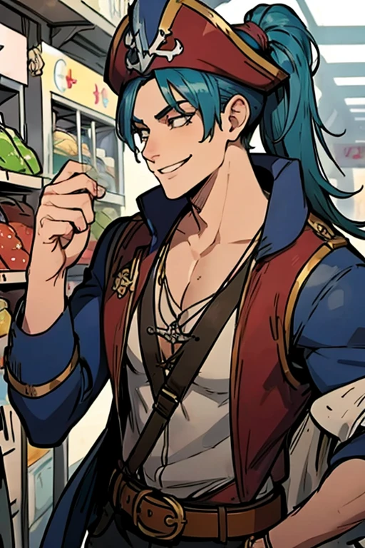 A muscular blue haired man with gray eyes and long hair in a pirate's outfit is shopping at a market in pirate city with a big smile
