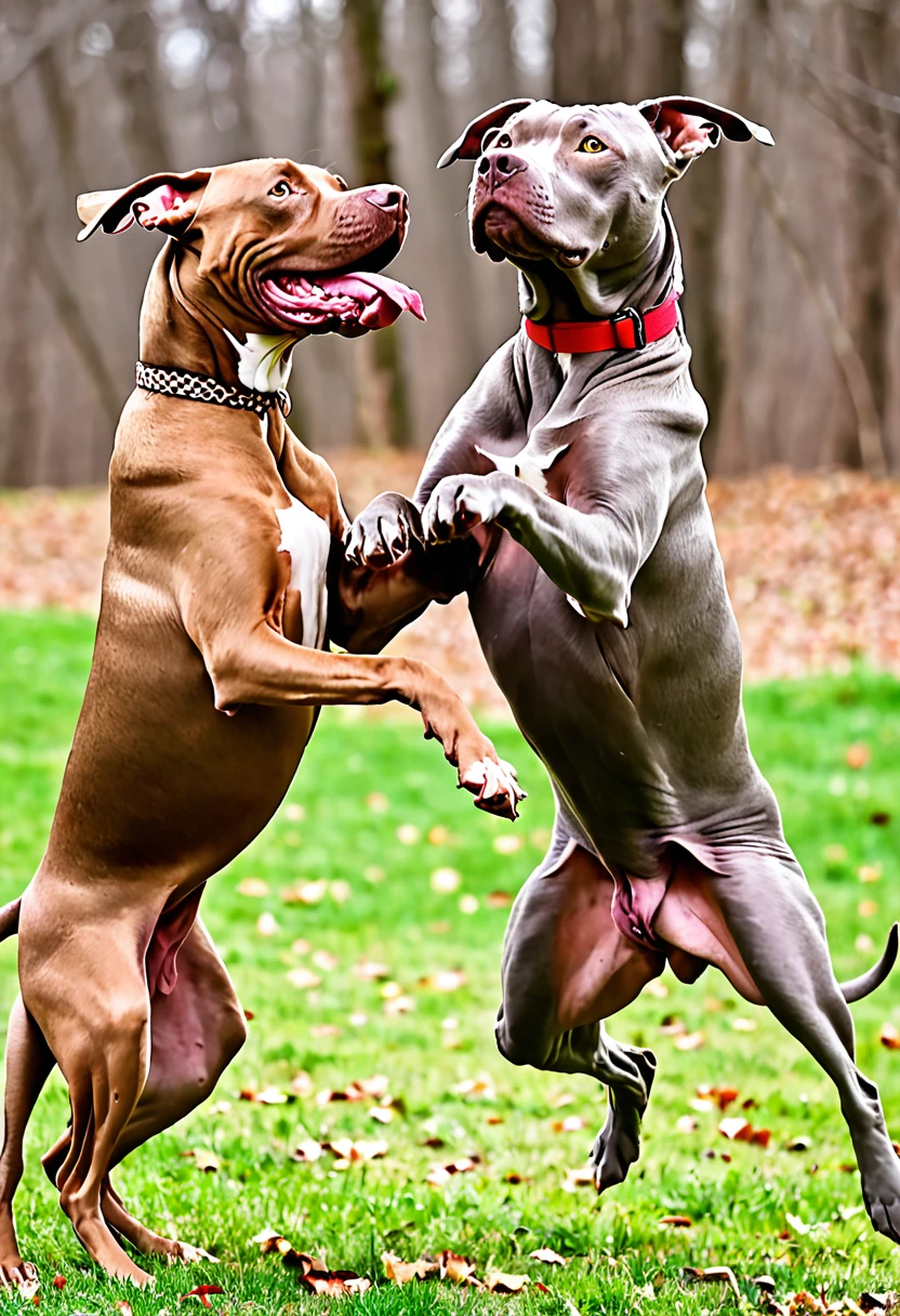 weimaraner in a fight with 2 brown pitbulls