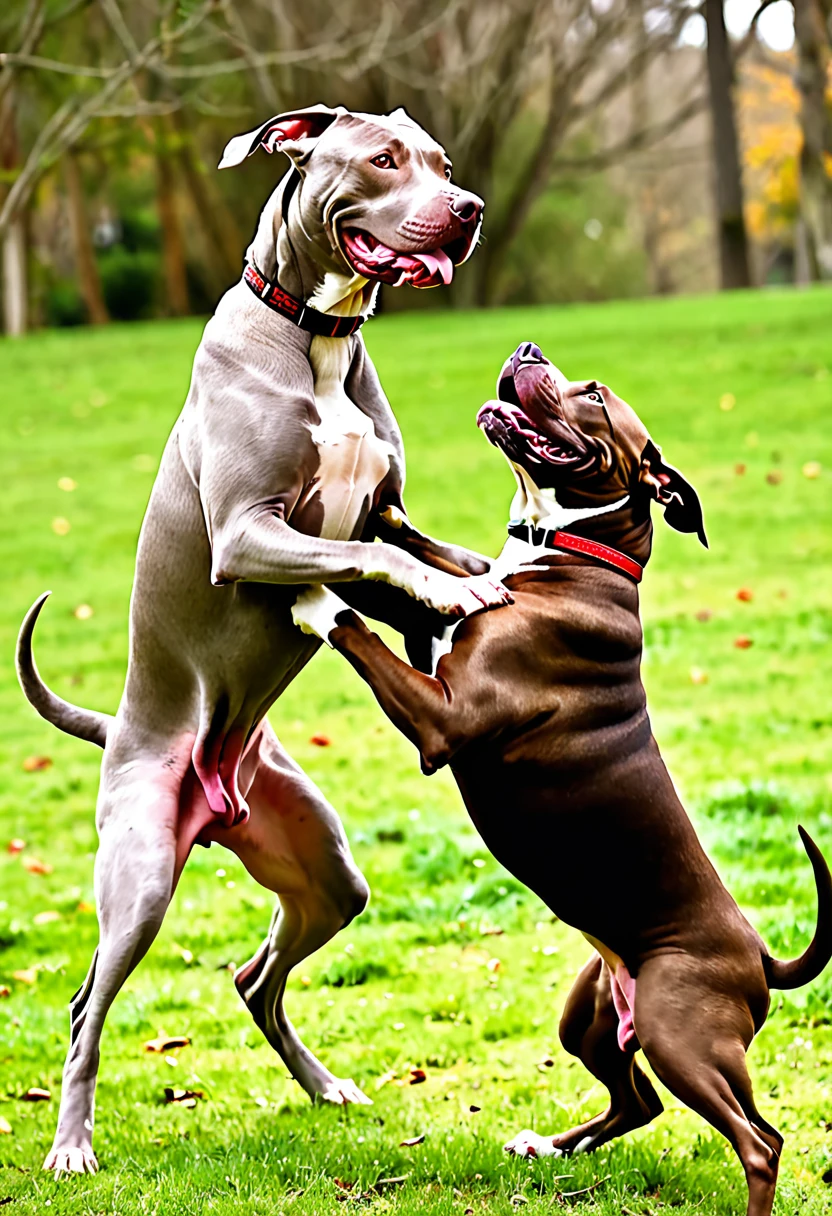 weimaraner in a fight with 2 brown pitbulls