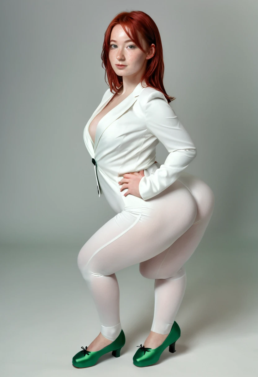 high quality instagram photo, full body of a Scandinavian girl, 20 years old, red hair, sexy, short height, green eyes, freckles, cute face, large breasts, chubby big ass in sexy Spider-Man Gwen costume,white business suit,black spider symbol,ballet slippers,new York evening wear.