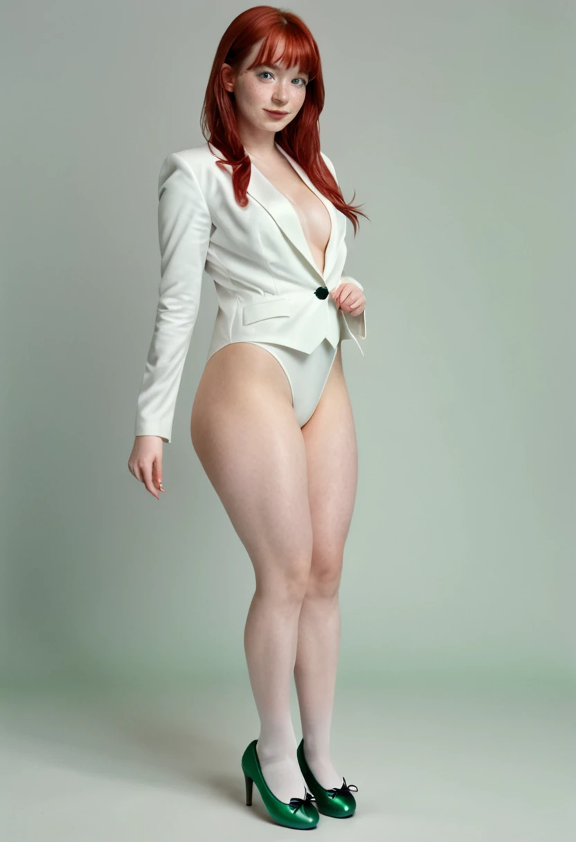 high quality instagram photo, full body of a Scandinavian girl, 20 years old, red hair, sexy, short height, green eyes, freckles, cute face, large breasts, chubby big ass in sexy Spider-Man Gwen costume，white business suit，black spider symbol，ballet slippers，new York evening wear.