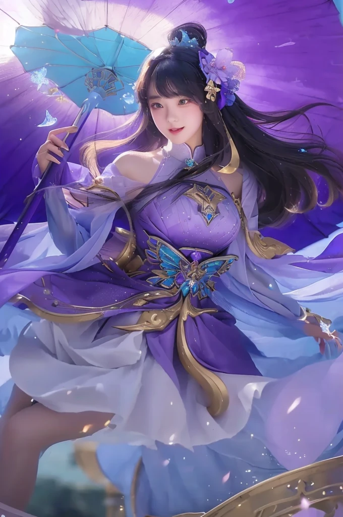 Beautiful girl with a blue umbrella in a purple dress, beautiful celestial mage