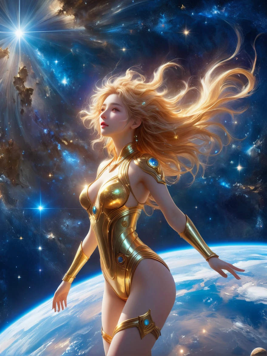 (masterpiece,Highest quality,high resolution,8K),Alone in Space,goddess,Standing,whole body,What a nice view,(像星星一样Floating在天空,Floating),金光包裹whole body有,The whole body is in the light