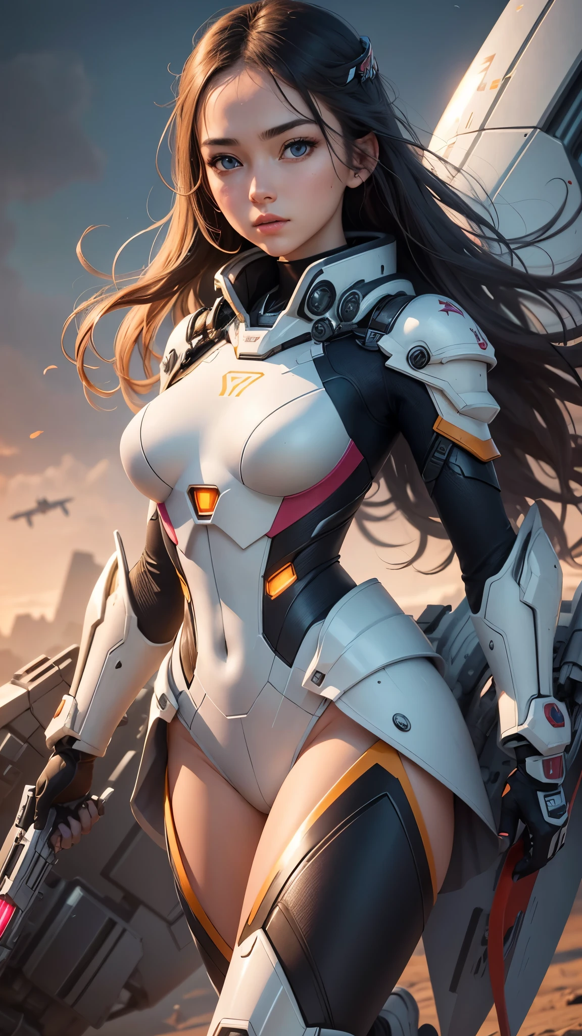 (Perfect Anatomy:1.4,Highest quality、超High resolution、High resolution、Highly detailed CG、8K Unit Wallpaper),((Biologically correct limb count))、(Symmetrical facial features))、Eyes with detailed description、Beautiful woman、Excellent style、(thin)、Facial detailing,masterpiece、Vibrant, Imaginary image of a girl in a mecha suit, ((Fly gracefully across the battlefield of the future)). The girl is full of energy, Bright colors contrast with muted hues, The mechanical beauty of the suit. The suit's vibrant colors and intricate details、Sophisticated, Mecha futuristic design.