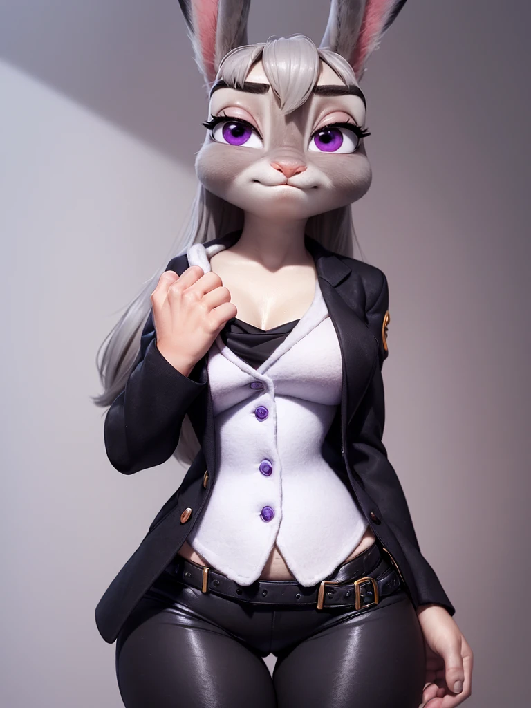 best quality,
masterpiece,
super detail,
3D,
Portrait,
fun atmosphere,
(((solo))),
(((1Lady))),
furry,
fine coat,

(Face is JudyHopps:1.4),
(straight hair:1.3),
(see-through bangs:1.3),
wispy bangs,
purple eyes,
(raised eyebrows:1.1),
(rabbit ears:1.1),

Body is NamiFinal, 
(body is made of wool fabric:1.3),
(body is gray with fluffy and fluffy:1.3),
(skin is wool fabric with fluffy and fluffy:1.3),

office lady,
office suit,
((White blouse)),
((Black blazer jacket)),
((Black pants suit)),
clothes made of cotton,

The background is an office, 
