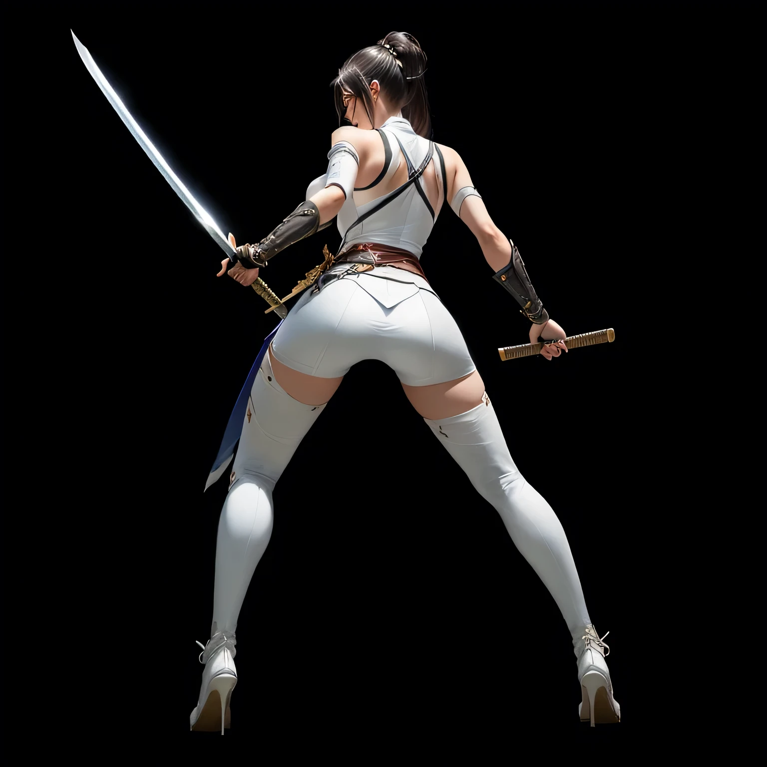 One was dressed in white、Close-up of woman holding sword, Katana Zero Video Game Character, Dramatic Katana Swinging Pose, Dramatic sword-wielding pose, White fashion photos, Sadistic Assassin, Badass Pose, Drawing her katana, Female Assassin, Fencing athlete, With a samurai sword strapped to his back, snake-head Female Assassin, sleek white armor