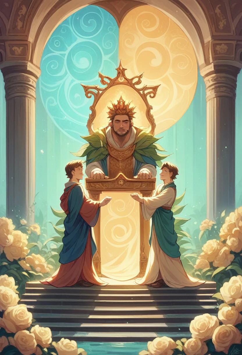 show 2 people, a jade Emperor seated on a magnificent golden throne in the heavenly realm looks down to a young farmer who is in simple clothing stands respectfully before him . Surround them with vibrant celestial flora under a soft, golden light, symbolizing the sacred nature of the encounter.