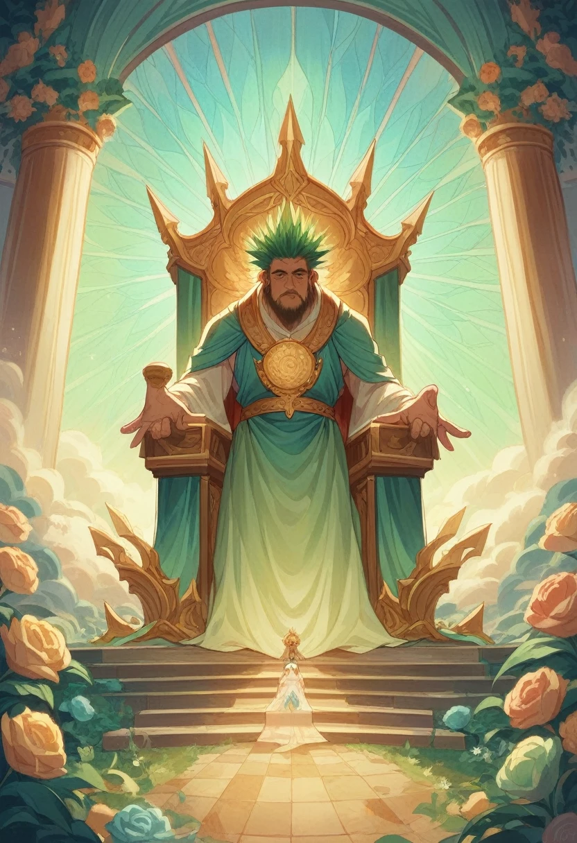show 2 people, a jade Emperor seated on a magnificent golden throne in the heavenly realm looks down to a young farmer who is in simple clothing stands respectfully before him . Surround them with vibrant celestial flora under a soft, golden light, symbolizing the sacred nature of the encounter.